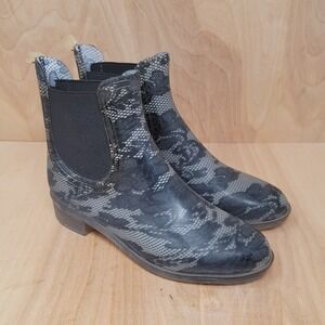 Womens Rain Boots Size 5 M Shoes of Soul Black Floral Rubber Pull Ons